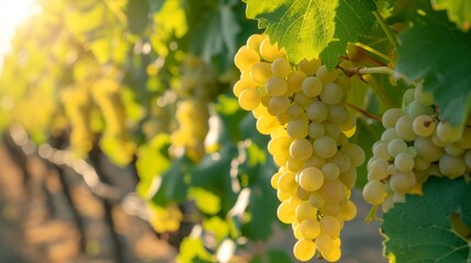 Fototapeta premium Close-up of a bunch of white Chardonnay grapes on grape bushes with vineyards in the background.