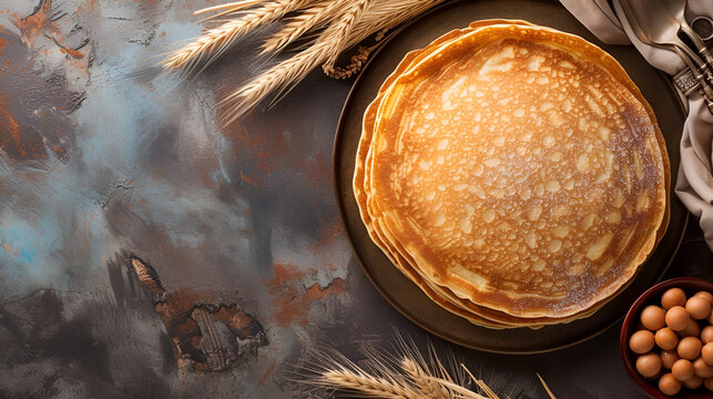 Shrovetide banner, pancakes top view close up with free space on dark background with space for text