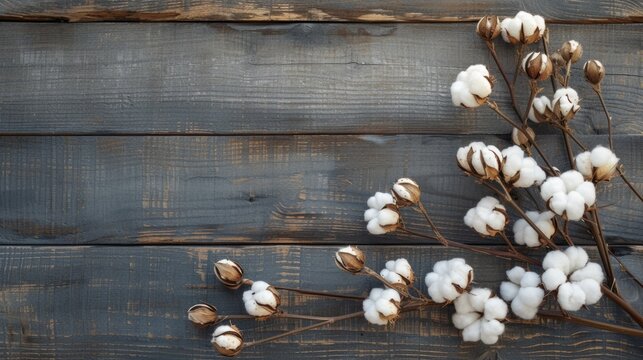 Wooden vintage background with twigs of cotton tree flowers.