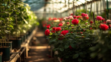 Fototapeta na wymiar Red rose bushes in a greenhouse. Business concept for growing and selling flowers wholesale.