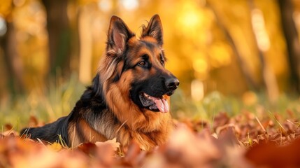 German Shepherd in the park against the background of autumn leaves.