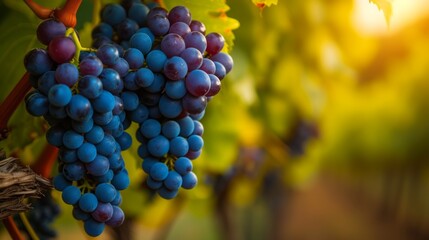 A close-up of a cluster of Merlot grapes set against the backdrop of vineyards, symbolizing the harvest season, grape cultivation, and the transformation process into wine.
