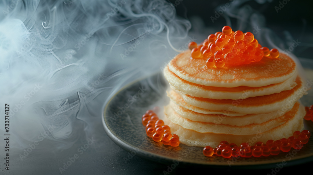 Poster Maslenitsa banner, pancakes with caviar close-up with free space on a dark background with space for text