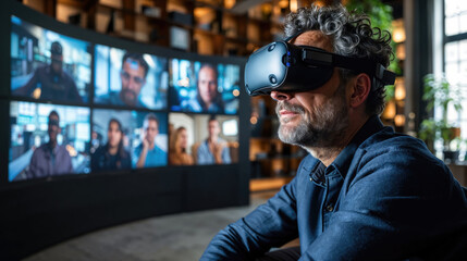 A bearded man stands on a busy street, completely immersed in a virtual world through his goggles, disconnecting from the human faces and buildings around him