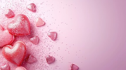 Assorted pink sugar-coated hearts on a gradient pink background. Valentine's Day and love concept