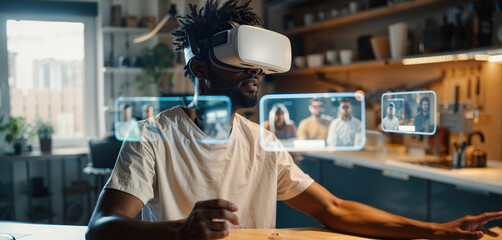 A person immersed in a virtual world, oblivious to the mundane indoor walls that confine them