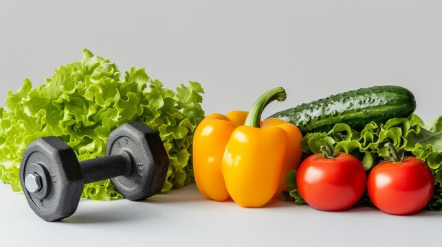 Fresh vegetables and dumbbells convey the image of a healthy lifestyle, fitness and proper nutrition