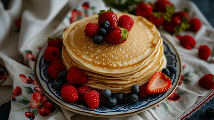 Shrovetide banner, pancakes with berries closeup with free space on dark background with space for text