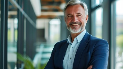 Fototapeta premium Confident mature business executive in a blue suit with a modern office building background.