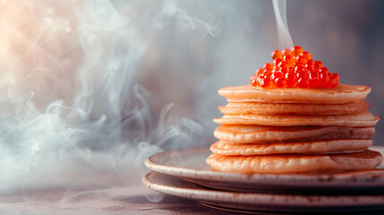 Maslenitsa banner, pancakes with caviar close-up with free space on a dark background with space for text
