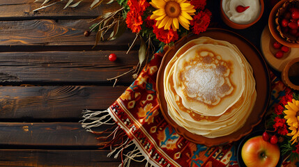 Shrovetide banner, pancakes top view close up with free space on dark background with space for text - obrazy, fototapety, plakaty