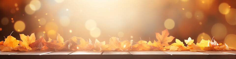 Empty wooden table with autumn blurred background