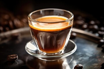 Espresso Shot: Close-up of a freshly brewed espresso shot with a crema layer.