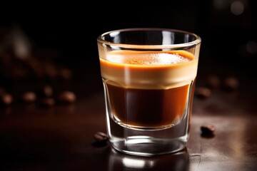 Espresso Shot: Close-up of a freshly brewed espresso shot with a crema layer.
