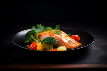 Salmon fillet with colorful vegetables on dark plate, photo dinner food for restaurant menu