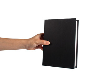 Blank black book cover in hand on transparent background.