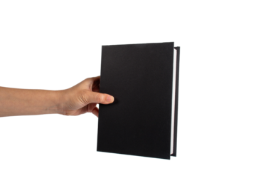 Blank black book cover in hand on transparent background.