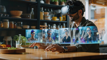 A man immersed in a virtual world, surrounded by household items and the presence of a woman, experiences a moment of escapism from the mundane reality of daily life