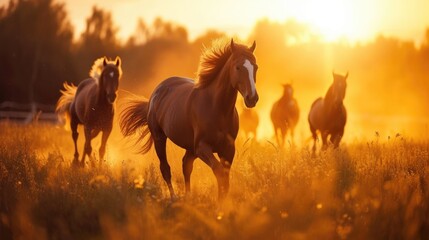 Herd of Horses Running at Sunset