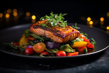 Baked salmon fillet with colorful garnish on dark plate, photo dinner food for restaurant menu