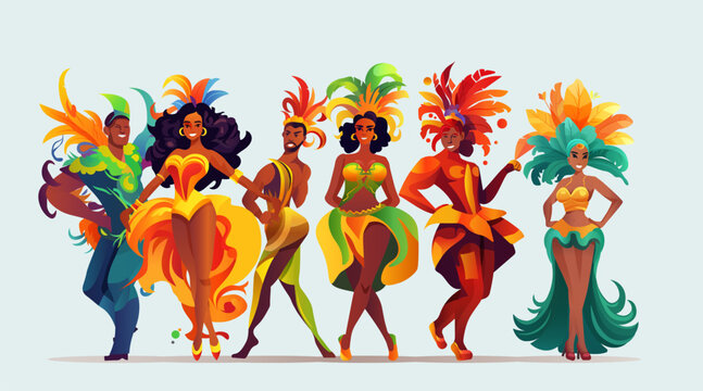 Brazilian samba dancers girls wearing festival costume and dancing together carnival party concept horizontal