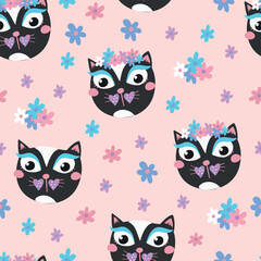 Seamless pattern with cat and flowers. Background for textile, fabric, stationery, art, pajamas, kids and other design.