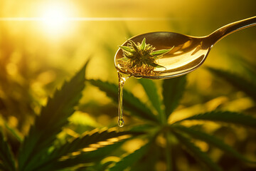 CBD hemp oil droplets pouring  from spoon on blurred sunny marijuana plant background