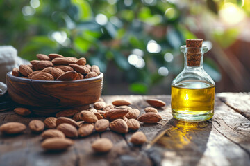 Almond oil in a small glass bottle with almond nuts in a wooden bowl with blurred garden background. Organic hair and skin care, wellness concepts