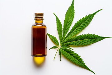 CBD cannabis oil bottle with green marijuana leafs isolated on white background with copy space