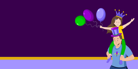Bright colourful banner with father and daughter celebrating Mardi Gras on purple background. Hat, crown, beads, symbol, balloon, serpentine. Doodle hand drawn vector illustration in cartoon style