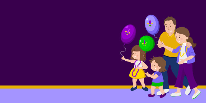 Bright colourful banner with family celebrating Mardi Gras on purple background. Hat, crown, beads, symbol, balloon, serpentine. Doodle hand drawn vector illustration in cartoon style - Powered by Adobe