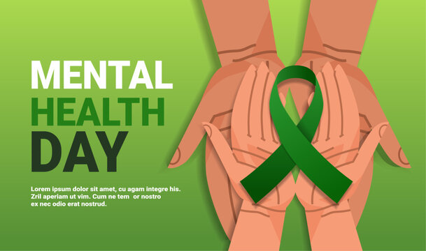 world mental health day awareness month banner human hands holding green ribbon horizontal