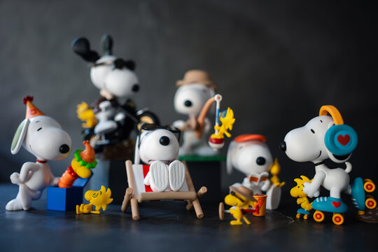 BANGKOK, THAILAND - FEBRUARY 12, 2024 : Cute toy of Snoopy The Best Friends Series Figures form POP MART on a black background