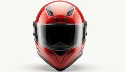 Beautiful red motorcycle helmet with transparent visor isolated on white background, front view