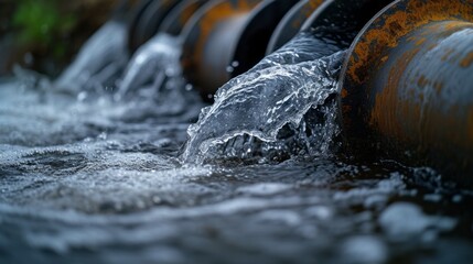 Dynamic water flow through industrial pipeline captured in a close-up, embodying fluid power and tranquility.