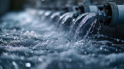 Dynamic water flow through industrial pipeline captured in a close-up, embodying fluid power and tranquility.