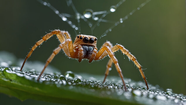 Close-up of a spider spinning a web in the early morning dew.