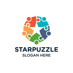 puzzle star human community social logo design vector illustration