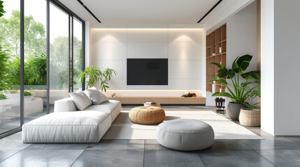 The spacious modern living room bathed in natural light, featuring minimalist decor, a large comfortable sofa, and floor-to-ceiling windows with a view of greenery.