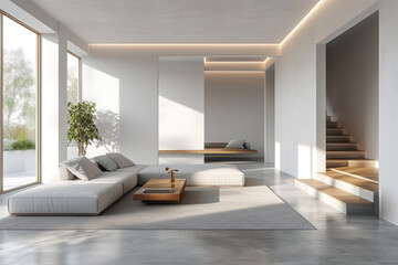 Fototapeta premium A sleek and spacious contemporary living room adorned with designer furniture, sophisticated lighting, and large windows offering a view of a serene outdoor space.