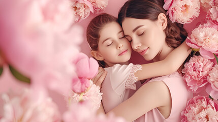 Obraz na płótnie Canvas mother's day banner with copy space, mother hugging daughter on pink background with peonies and place for text