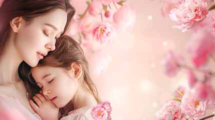 Obraz na płótnie Canvas mother's day banner with copy space, mother hugging daughter on pink background with peonies and place for text