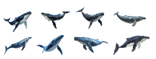 Set of blue whale on transparency background PNG - obrazy, fototapety, plakaty
