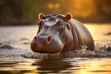 Hippopotamus wading in river at sunset on safari
