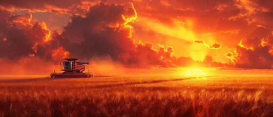 Tractor working on the rice fileds barley farm at sunset time, modern agricultural transport.