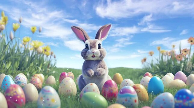 a cute white rabbit standing beside colorful hand painted eggs in green grass yard with clear blue sky easter egg day background animation