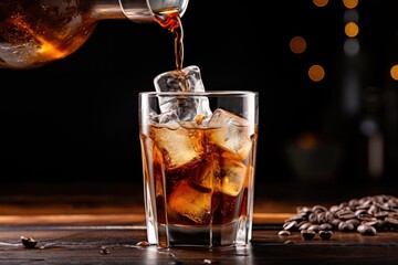 Iced Coffee Pour: Pouring cold brew coffee over ice cubes. - obrazy, fototapety, plakaty