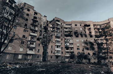 destroyed and burned houses in the city Russia Ukraine war