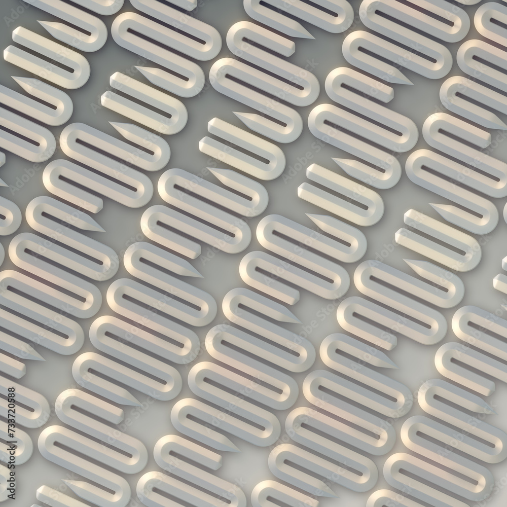 Poster 3d rendering digital illustration of a repeating white s-shaped pattern. Modern and minimalistic background