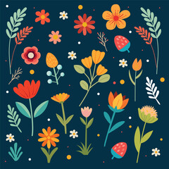 Fototapeta na wymiar Floral collection with leaves, flower bouquets. Vector flowers. Spring art print with botanical elements. With Easter. cute spring flowers and leaves